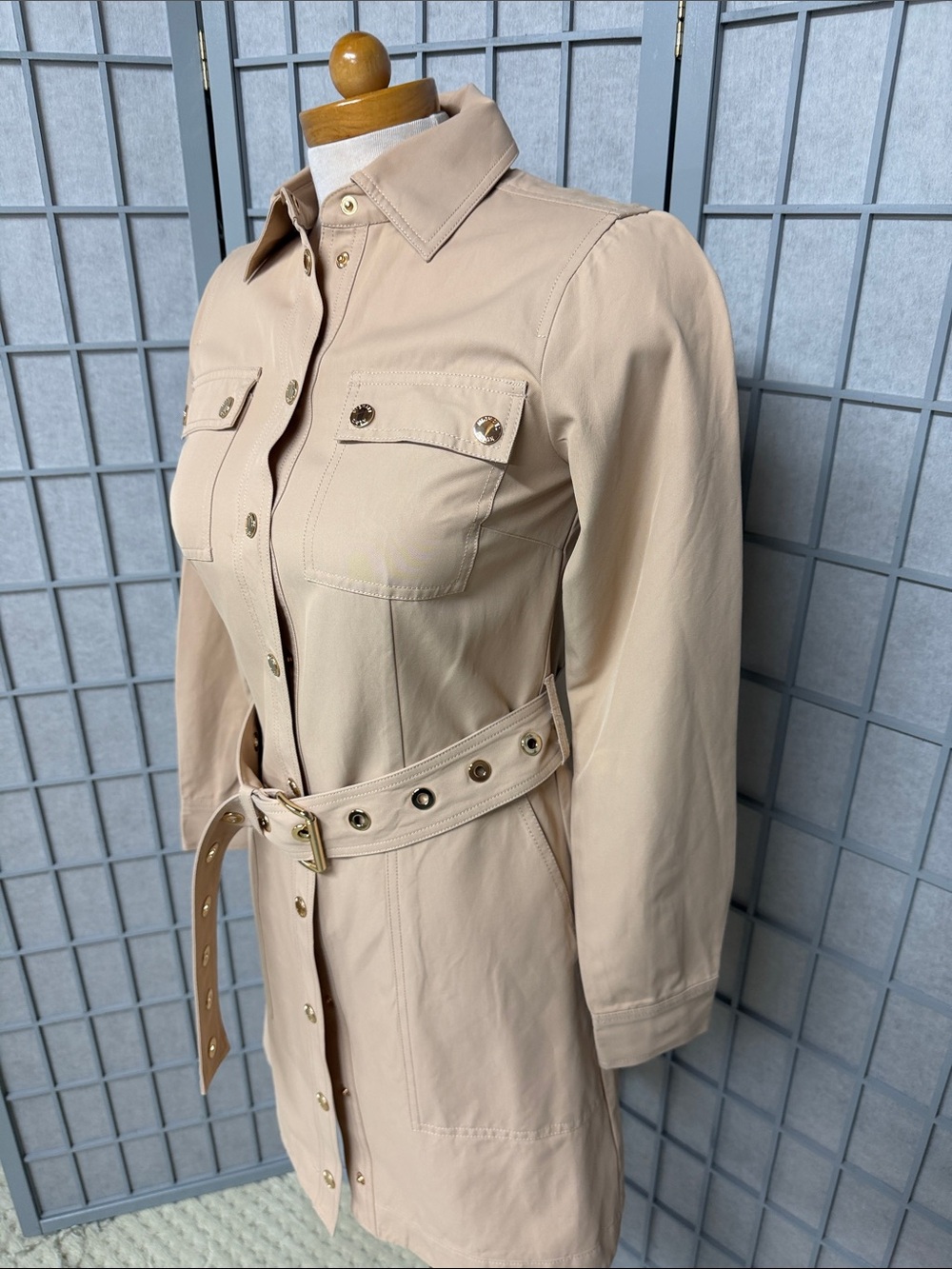 Michael Kors Neutral Beige Belted Shirt Mini Dress - Picture 7 of 13